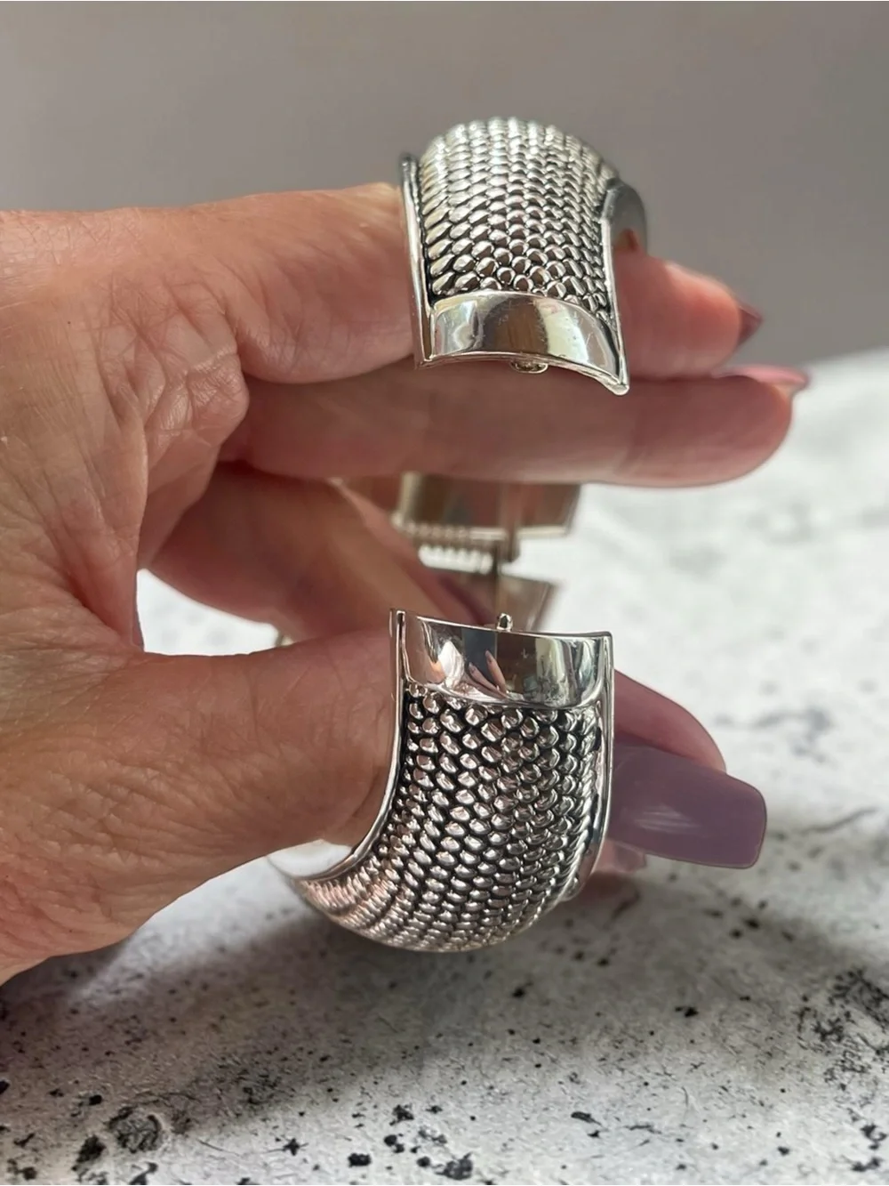 Silver Tone Textured Hinged Magnetic Closure Statement Cuff Bracelet